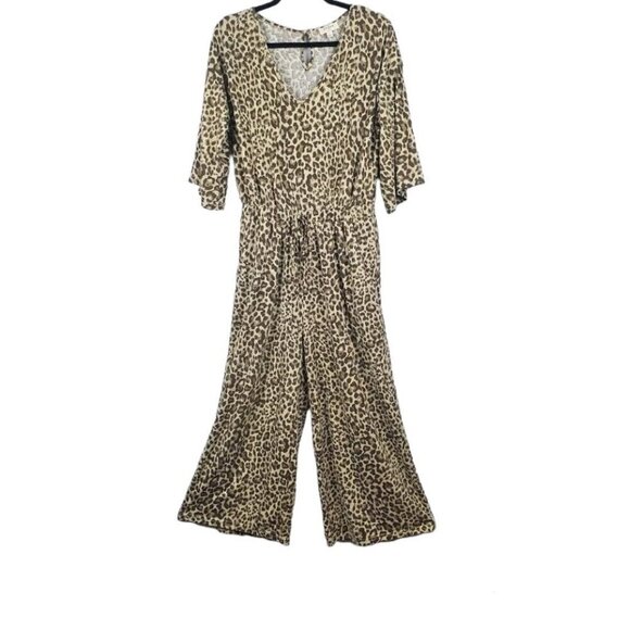❤️264 Umgee Animal Leopard Print Cinched Waist Wide Leg Jumpsuit - Picture 1 of 7